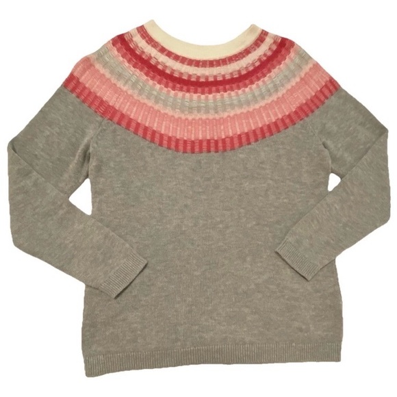 Talbots Pink & Grey Rib Yoke Fair Isle Crewneck PM Sweater - Picture 2 of 8